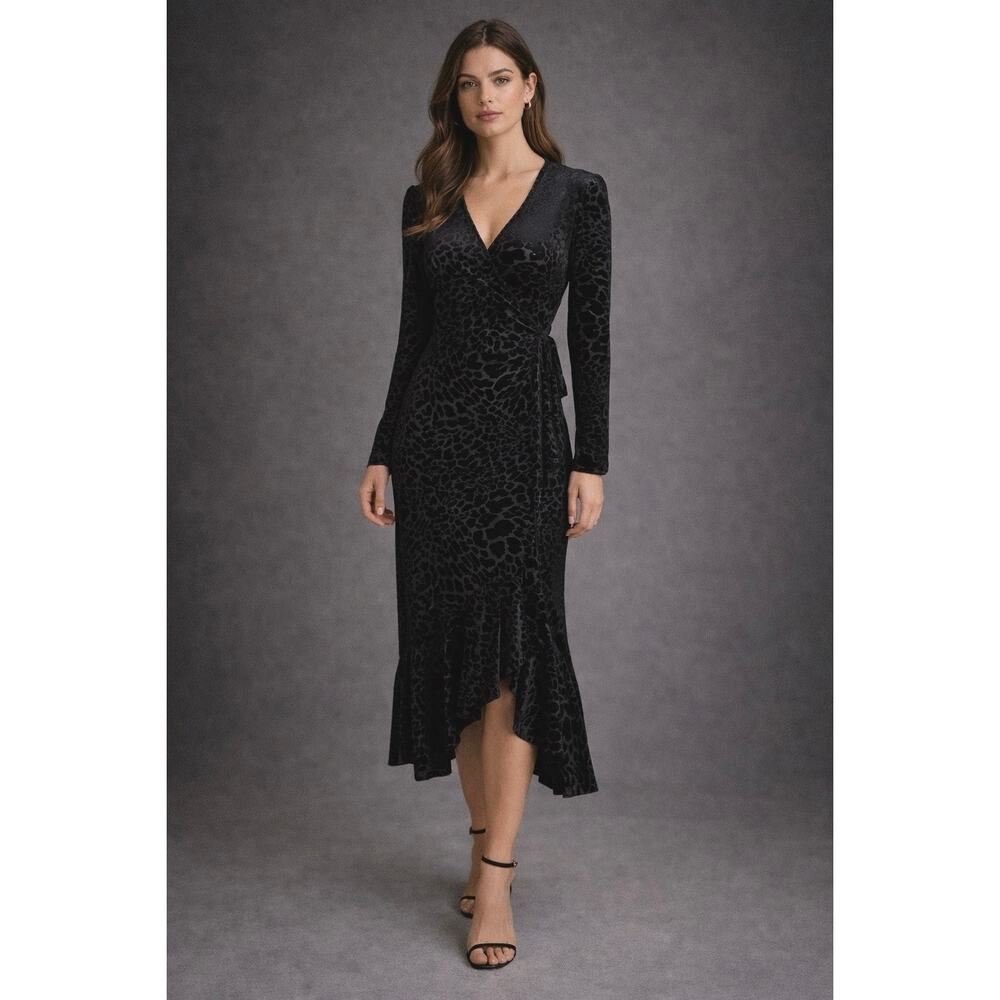 Calvin Klein Black Burnout Velvet Animal Print Wrap Midi Dress Ruffle Hem | 6